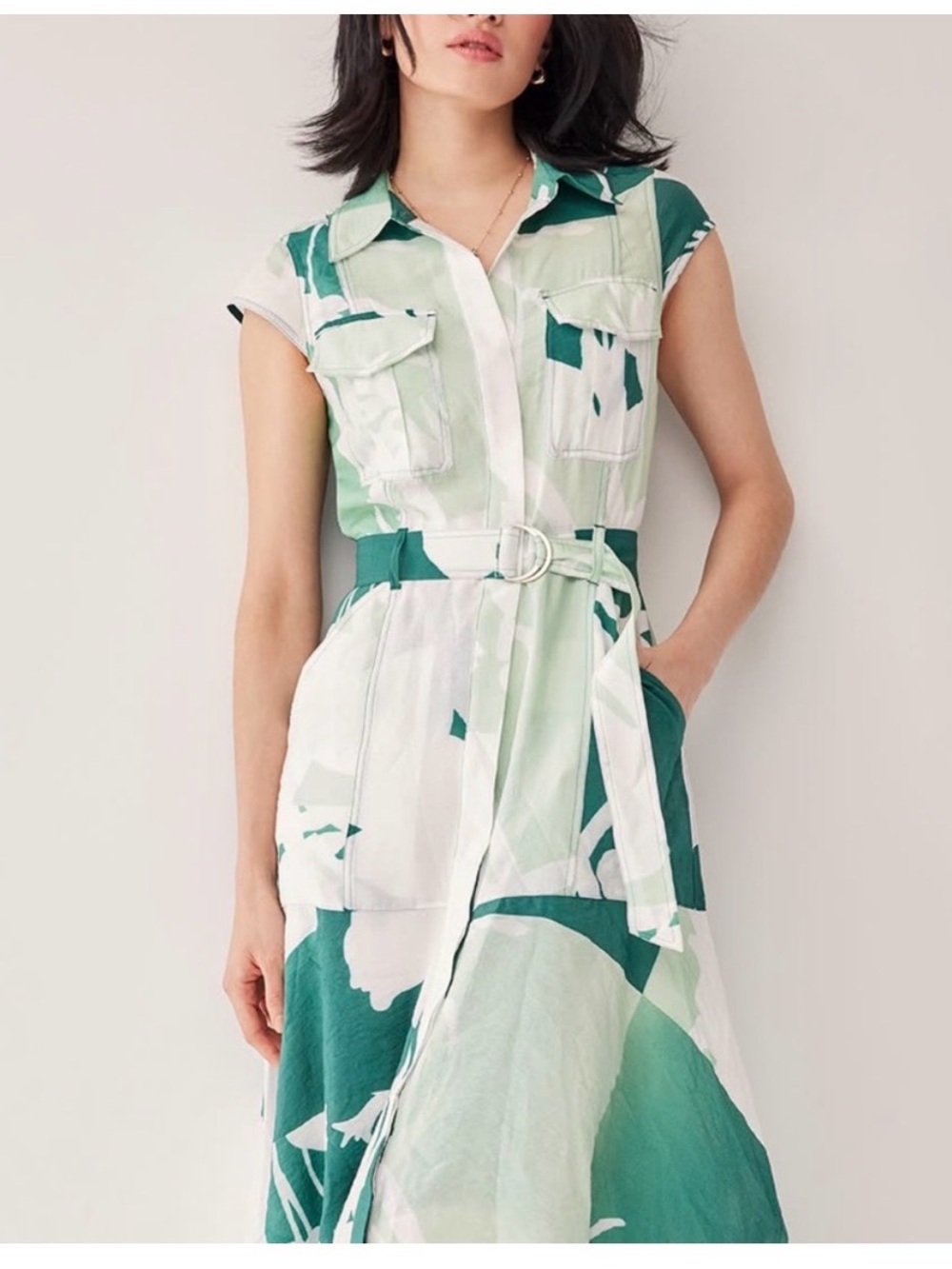 White House Black Market Green and Mint Abstract Midi Shirt Dress